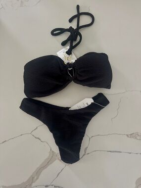 Textured Black Bandeau Bikini Set with Ring Accent